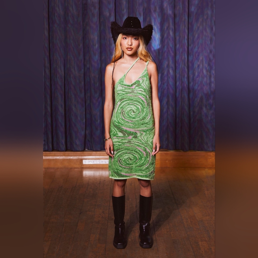 NWT House of Sunny Hot Springs Hockney dress grass green knit Kendall jenner - Picture 6 of 6